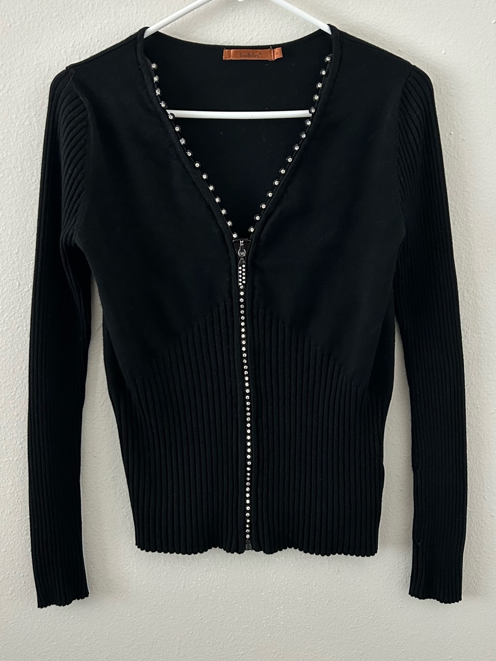 Belldini Womens S Black Ribbed Full Zip Rhinestone Cardigan Sweater Top Glam Y2K